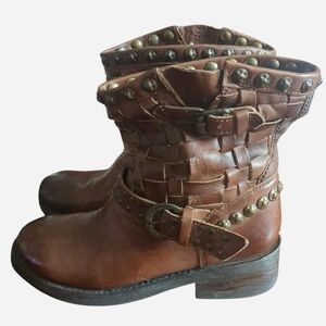 ASH "Tequila" Woven Leather Studded Moto Biker Boots - Brown - Size 39